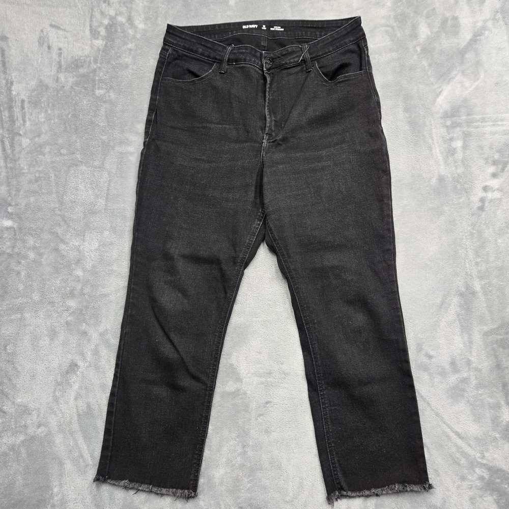 Old Navy Wow Straight High Rise Black Raw Hem Jeans Womens Size 12 Short